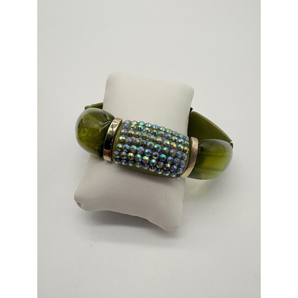 Olive Green Resin Chunky Stretch Bracelet AB Rhinestone Statement